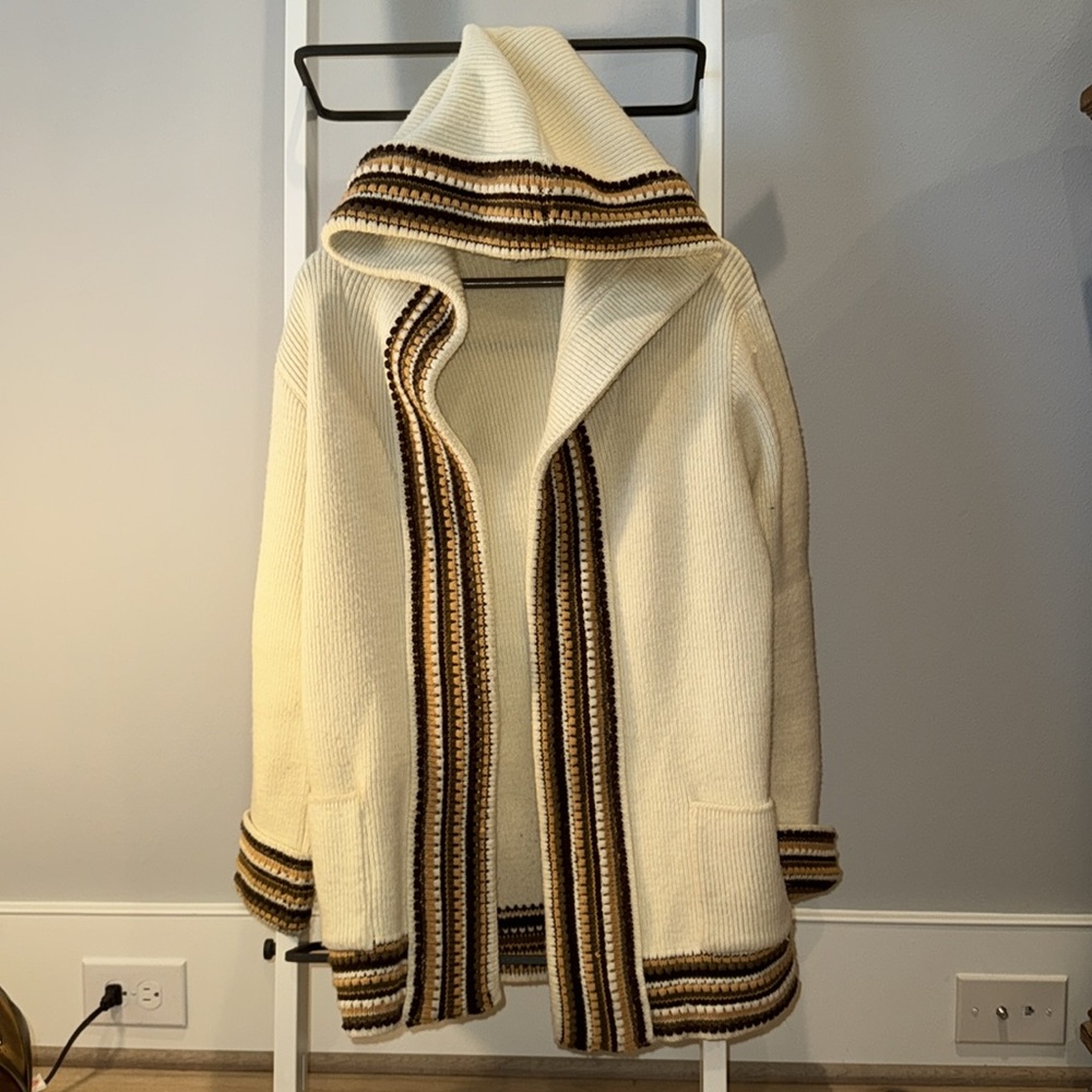 Vintage 70s Hooded Chunky Knit Hippie Boho Stripe Cream Sweater Cardigan M - L